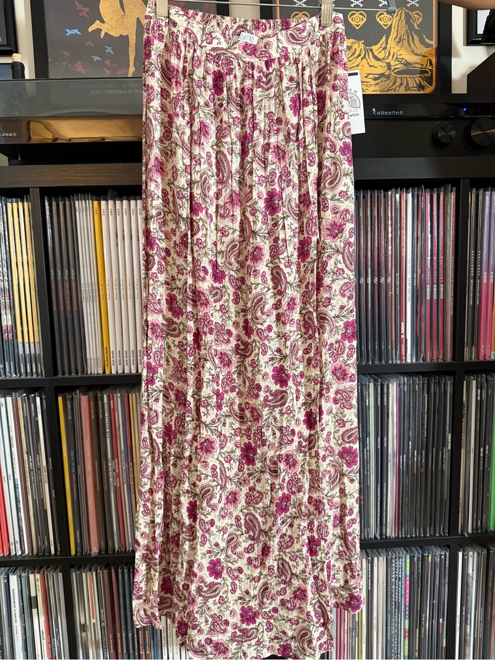 Pink & cream floral maxi skirt with paisley design and side slit